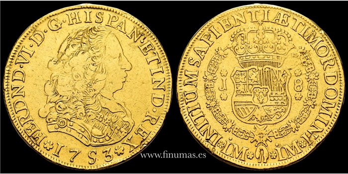 Cy10137.- Fernando VI 8 Escudos 1753 LIMA J. BC+. - ORO