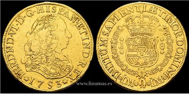 Cy10137.- Fernando VI 8 Escudos 1753 LIMA J. BC+. - ORO