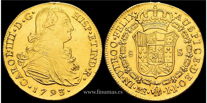 Cy13648.- Carlos IV 8 Escudos 1793 Lima I.J. EBC* - ORO