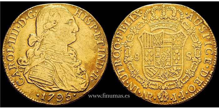 Cy13664.- Carlos IV 8 Escudos 1795 Nuevo Reino J.J. MBC - ORO