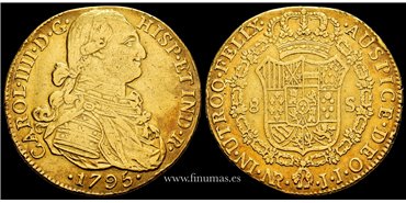 Cy13664.- Carlos IV 8 Escudos 1795 Nuevo Reino J.J. MBC - ORO