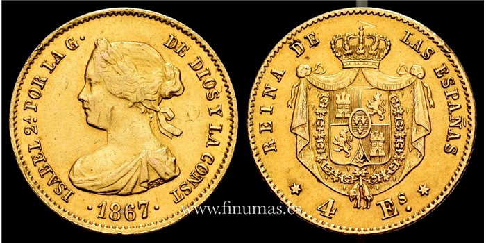 Cy16376.- ISABEL II 4 ESCUDOS 1867 MADRID. MBC - ORO
