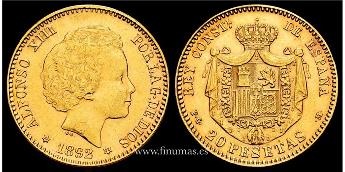 Cy16970.H.- 20 PESETAS 1892  (18-92) PG M- EBC. ORO