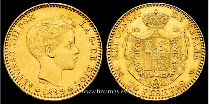 Cy16712I.- ALFONSO XIII 20 pts 1899 *18*99 MPM Madrid. MBC+.- ORO