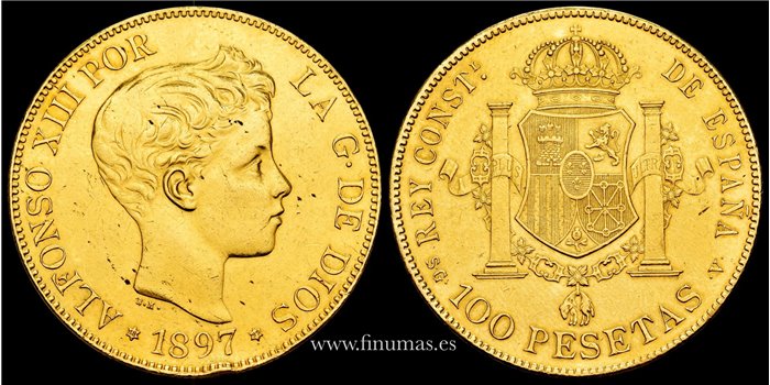 Cy16714E.- ALFONSO XIII 100 pts 1897 *18-97 Madrid. MBC.- ORO