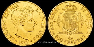 Cy16714E.- ALFONSO XIII 100 pts 1897 *18-97 Madrid. MBC.- ORO