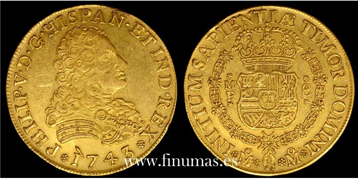 Cy09384.- Felipe V 8 Escudos 1743 Mexico M.F. EBC-  ORO