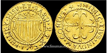 Cy09402IMP.- Felipe V 1 Escudo 1702 Cerdeña. SC-  ORO