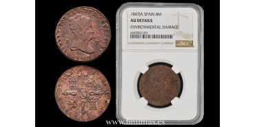 ISABEL II - 8 Maravedis 1847 JUBIA.  NGC AU DETAILS