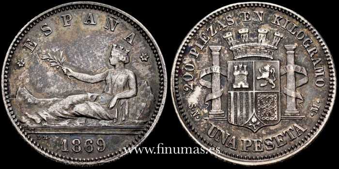 Cy16509N.- G.P Y I REPUBLICA 1 Peseta 1869 España.- S.N.M.- NGC AU DETAILS