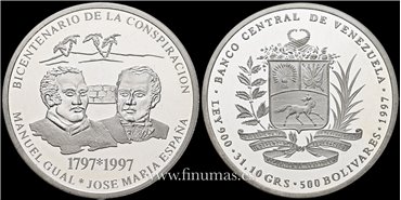 VENEZUEL - A K-074 - 500 Bolivares 1997. Plata - Proof