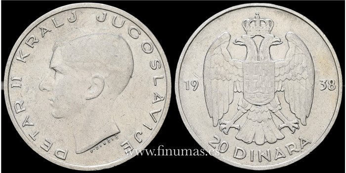 YUGOSLSVIA  - K-023 20 Dinara 1938. Plata-  MBC