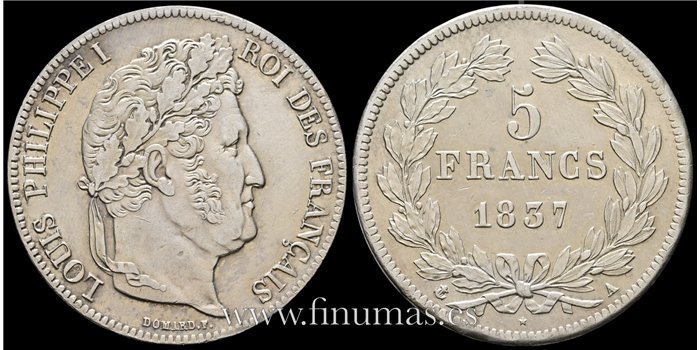 FRANCIA - K-745 - 5 Francos 1837 A -Paris -EBC-