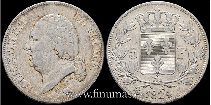 FRANCIA - K-711.1 - 5 Francos 1824 A -Paris -MBC-