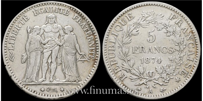 FRANCIA - K-820.1 - 5 Francos 1874 A -Paris -MBC-