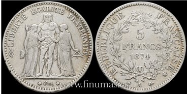 FRANCIA - K-820.1 - 5 Francos 1874 A -Paris -MBC-