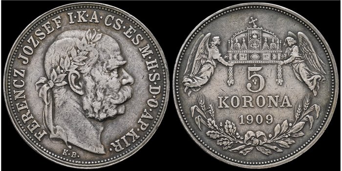 HUNGRIA - K-488. 5 Korona 1909 - PLATA