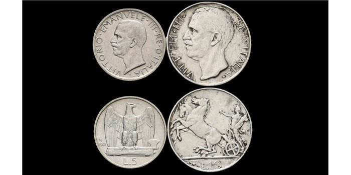 ITALIA  - K-067L1- 5 y 10 LIRAS 1927 -MBC- Plata 2 piezas