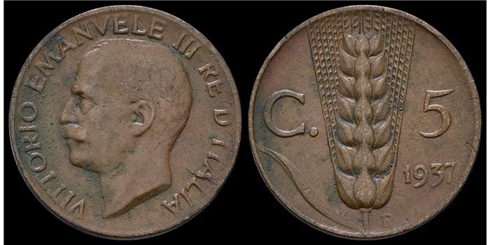ITALIA - K-059- 5 CTm. 1937 - MBC+ - Cobre