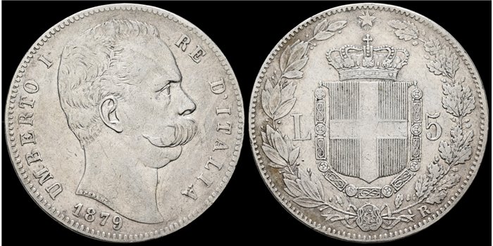 ITALIA  - K-020 - 5 LIRAS 1879 - MBC+.  Plata