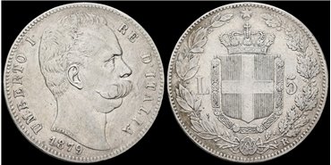 ITALIA  - K-020 - 5 LIRAS 1879 - MBC+.  Plata