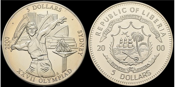 LIBERIA - K-735- 5 Dólar 2000- PROOF- Plata