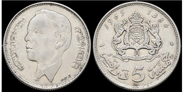 MARRUECOS - K-057  5 Dirhams 1965 -  MBC -Plata