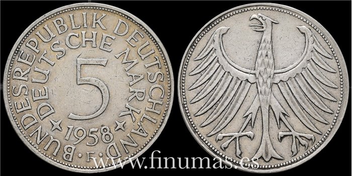 ALEMANIA FEDERAL - K -112 5 Marcos 1958 F MBC. Plata
