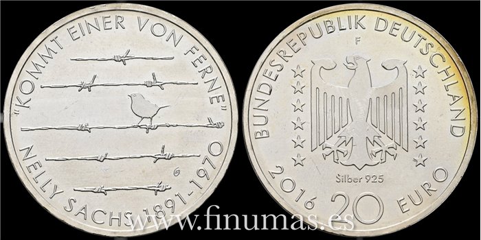 ALEMANIA FEDERA - K-350.  20 EUROS 2016 F. 125º Aniv Nelly Sachs. SC. 