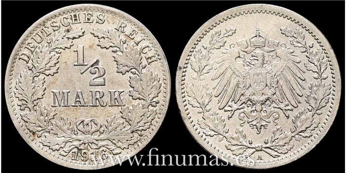 ALEMANIA IMPERIO - K-A1M-007 - 1/2 Marco1916 A.  EBC - plata 