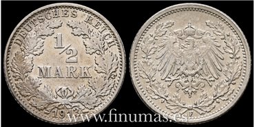 ALEMANIA IMPERIO - K-A1M-017 -1/2 Marco1916 A.  EBC- - plata 