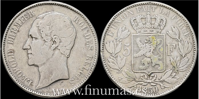 BELGICA - K-017 - 5 Francos 1850 - MBC- PLATA 
