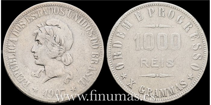 BRASIL - K-507 1000 Reis 1907 MBC- PLATA MBC-