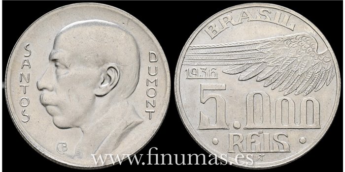BRASIL - K-543 5000 Reis 1936 EBC- PLATA MBC- Plata