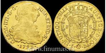 Cy13647.- Carlos IV 8 Escudos 1792 Santiago D.A. MBC+.  R.B.O. - ORO