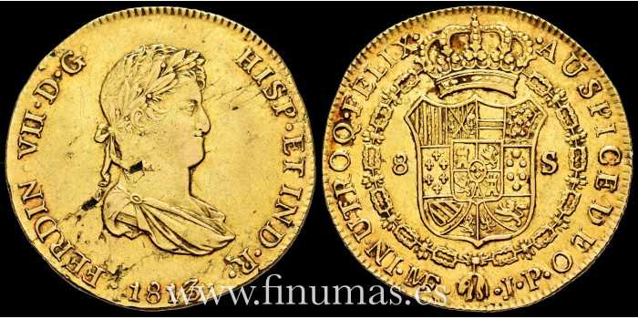 Cy15531.- Fernando VII 8 Escudos 1813 Nuevo Reino J.P. MBC+ R.B.O -ORO