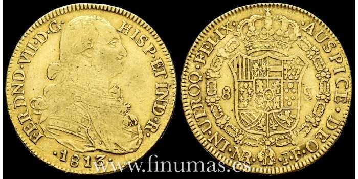 Cy15534.- Fernando VII 8 Escudos 1813 Nuevo Reino J.F. MBC-  ORO