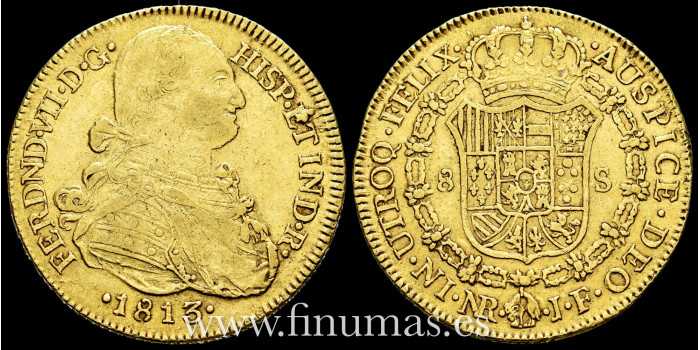 Cy15534.1.- Fernando VII 8 Escudos 1813 Nuevo Reino J.F. MBC  ORO