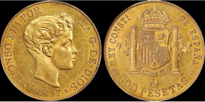 Cy16714.J.- ALFONSO XIII  100 pts 1897  *18-97 Madrid. SC-. ORO