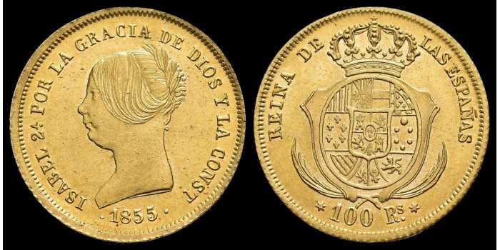 ISABEL II 100 REALES 1855 MADRID SC-.  GOLD