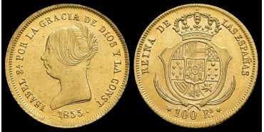 ISABEL II 100 REALES 1855 MADRID SC-.  GOLD
