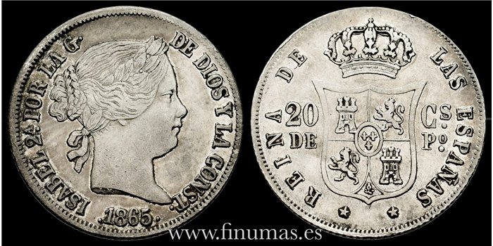 Cy16165.- ISABEL II - 20 Centimos de peso 1865 Manila - MBC