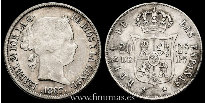 Cy16174.- ISABEL II - 20 Centimos de peso 1867 Manila - MBC-