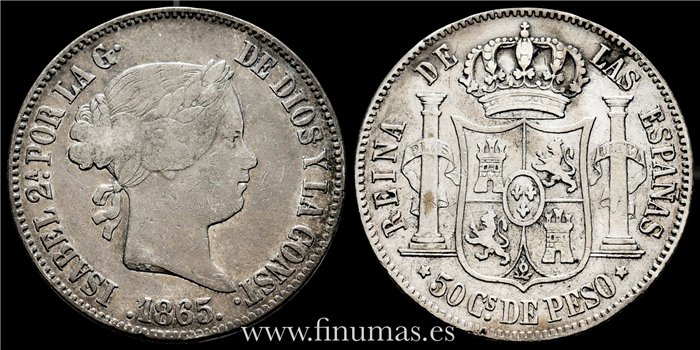 Cy16238.- ISABEL II - 50 Centimos de peso 1865 Manila - MBC-. Plata