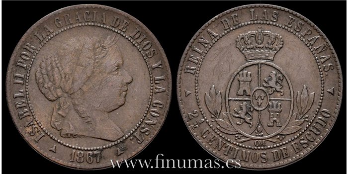Cy15715.- ISABEL II - 2 1/2 Centimo de escudo 1867 Sevilla OM- MBC-