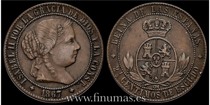 Cy15793.- ISABEL II - 2 1/2 Centimo de escudo 1867 Jubia OM- MBC