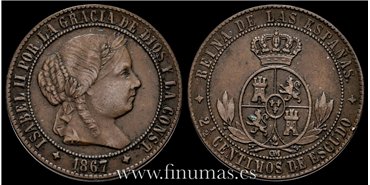 Cy15793.- ISABEL II - 2 1/2 Centimo de escudo 1867 Jubia OM- MBC