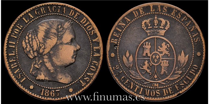 Cy15796.- ISABEL II - 2 1/2 Centimo de escudo 1867 Sevilla OM- BC