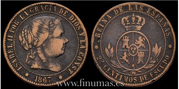 Cy15796.- ISABEL II - 2 1/2 Centimo de escudo 1867 Sevilla OM- BC