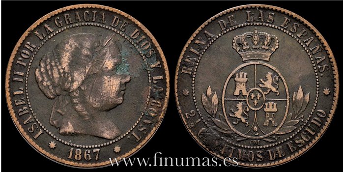 Cy15796.2.- ISABEL II - 2 1/2 Centimo de escudo 1867 Sevilla OM- BC
